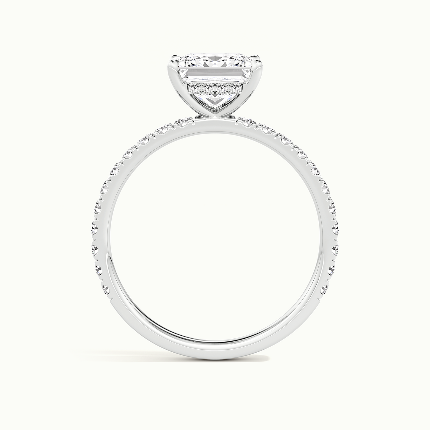 White gold princess-cut pave hidden halo engagement ring, side profile showing setting height