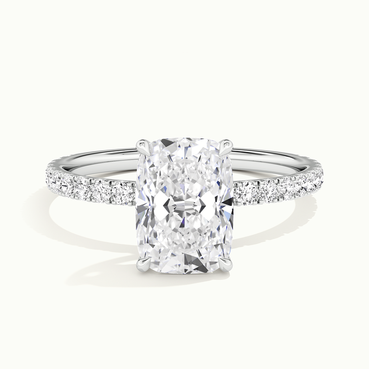 White gold elongated cushion-cut pave hidden halo engagement ring, front view