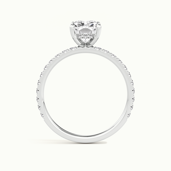 White gold elongated cushion-cut pave hidden halo engagement ring, raised three-quarter view of the setting