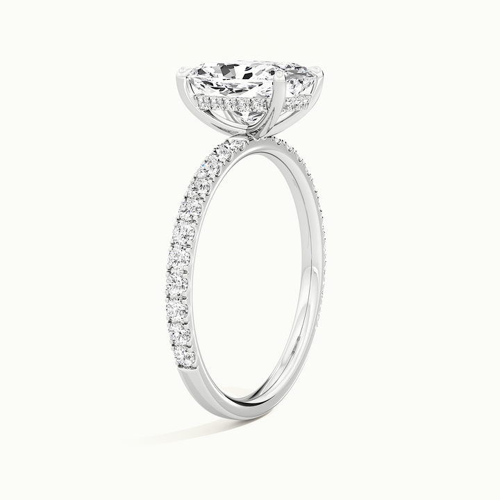 White gold elongated cushion-cut pave hidden halo engagement ring, rear view showing the setting gallery