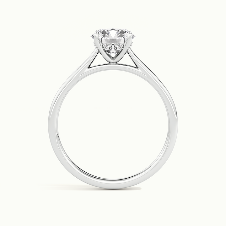 White gold round brilliant-cut cathedral hidden halo engagement ring, side profile showing setting height