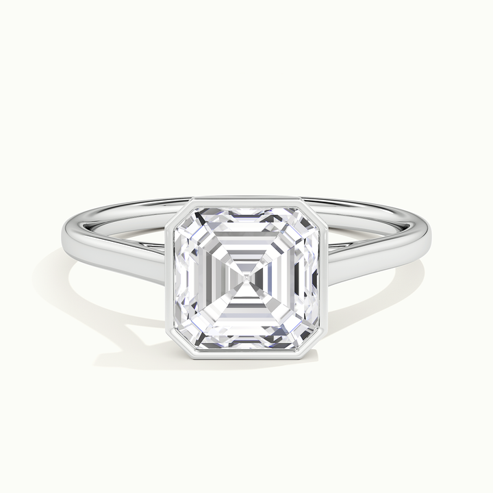White gold Asscher-cut bezel-set solitaire engagement ring, front view