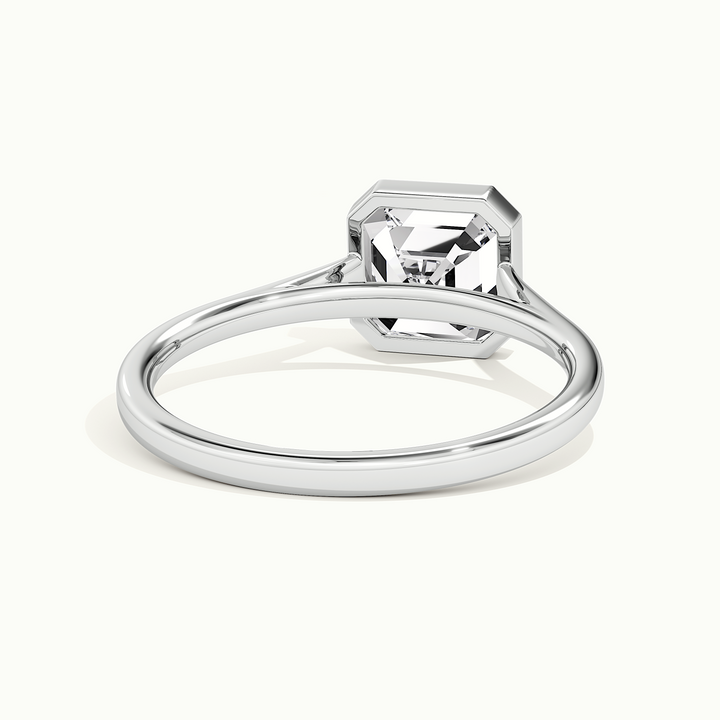White gold Asscher-cut bezel-set solitaire engagement ring, rear view showing the setting gallery