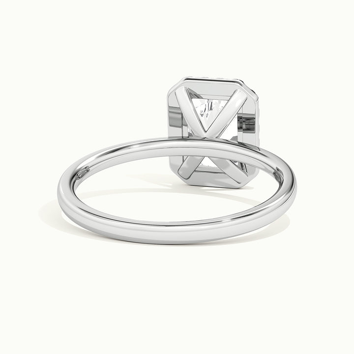 White gold radiant-cut halo engagement ring, rear view showing the setting gallery