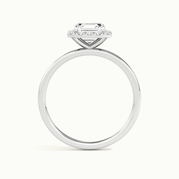 White gold Asscher-cut halo engagement ring, side profile showing setting height