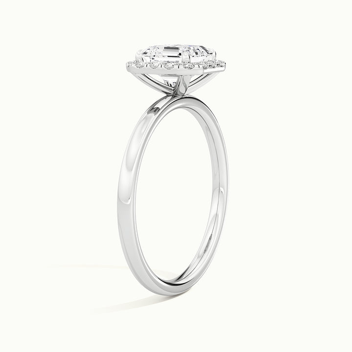 White gold Asscher-cut halo engagement ring, raised three-quarter view of the setting