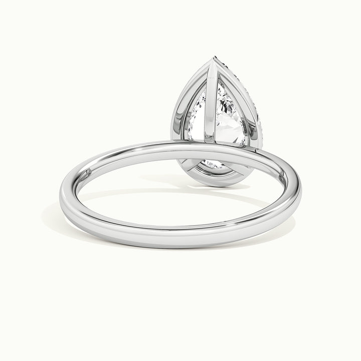White gold pear-cut halo engagement ring, rear view showing the setting gallery