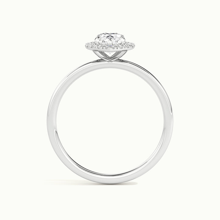 White gold marquise-cut halo engagement ring, side profile showing setting height