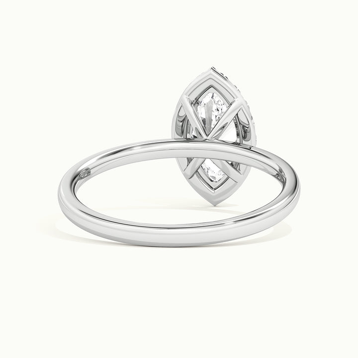 White gold marquise-cut halo engagement ring, rear view showing the setting gallery