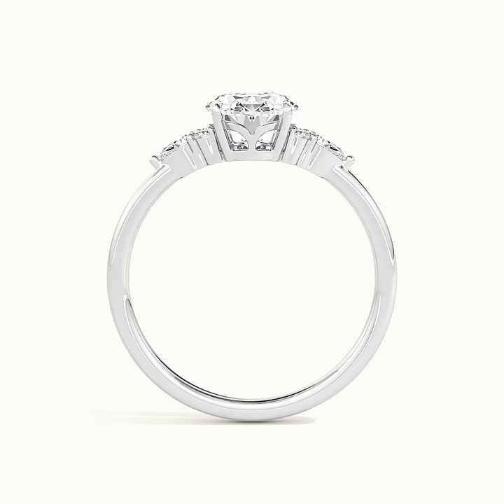White gold oval-cut three-stone engagement ring, side profile showing setting height