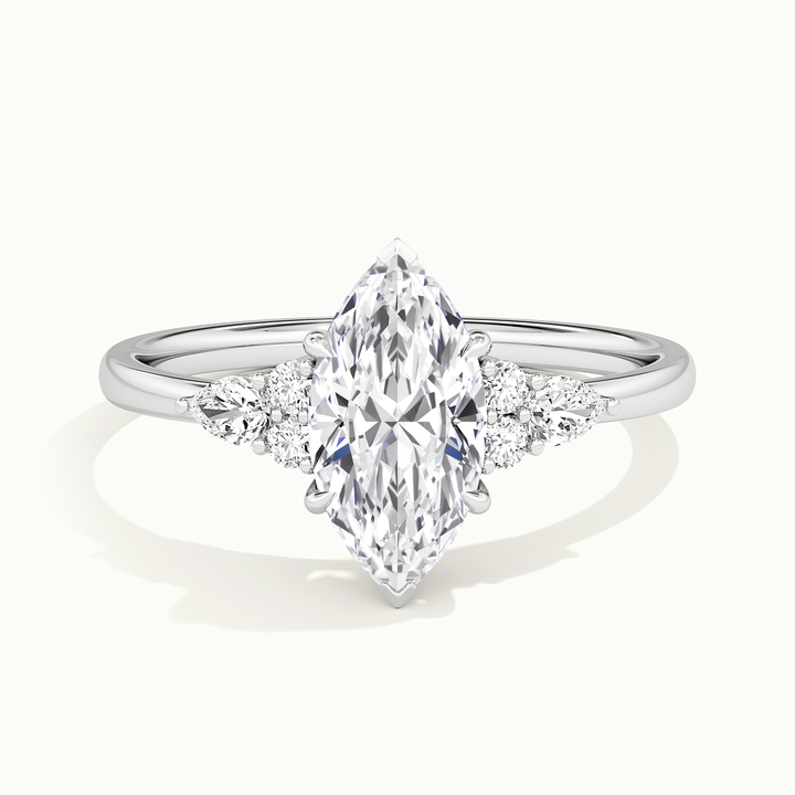 White gold marquise-cut three-stone engagement ring, front view