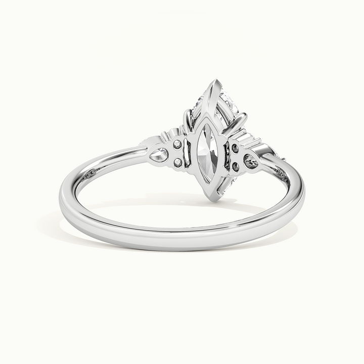 White gold marquise-cut three-stone engagement ring, rear view showing the setting gallery