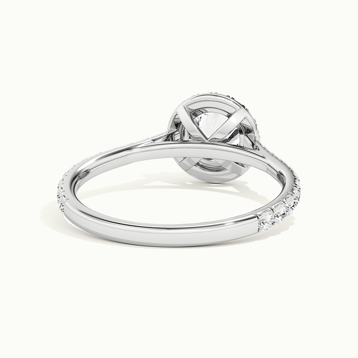 White gold round brilliant-cut halo pave engagement ring, rear view showing the setting gallery