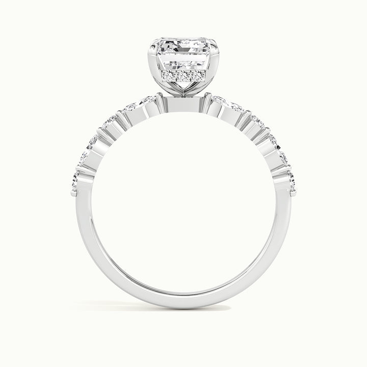 White gold emerald-cut hidden halo with marquise and round side stones, side profile showing setting height