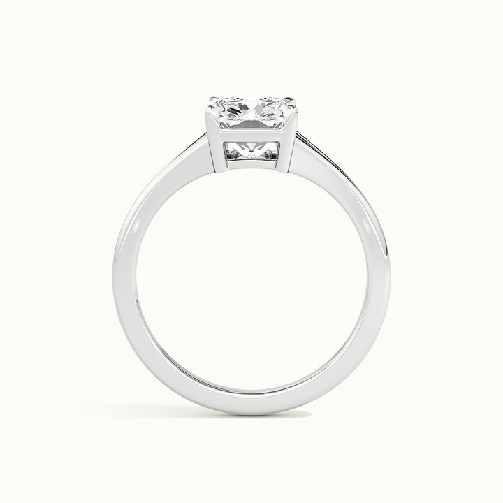White gold elongated cushion-cut split shank engagement ring, side profile showing setting height