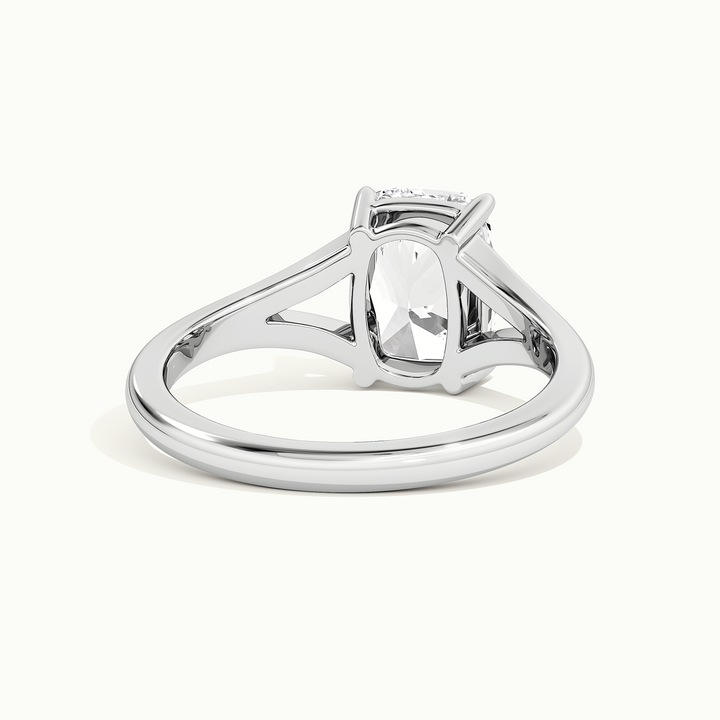 White gold elongated cushion-cut split shank engagement ring, rear view showing the setting gallery