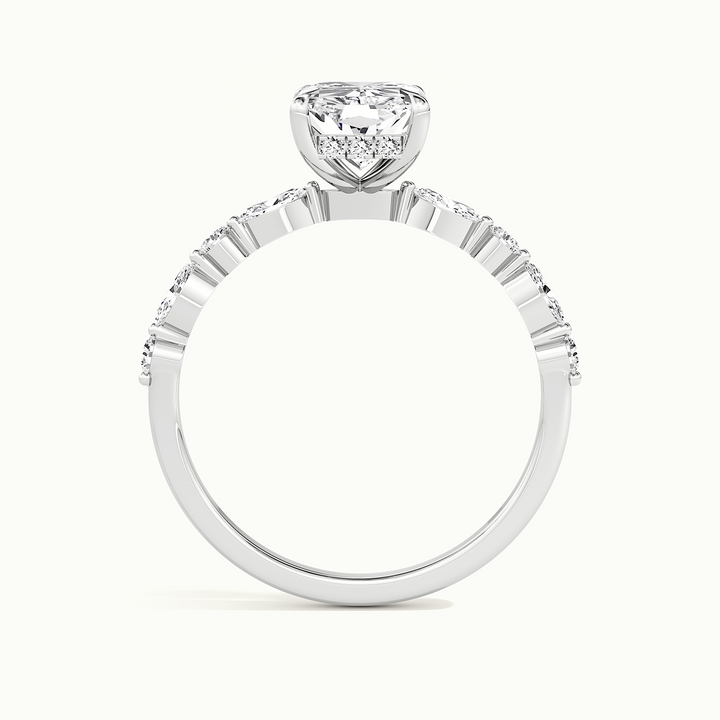White gold radiant-cut hidden halo with marquise and round side stones, side profile showing setting height