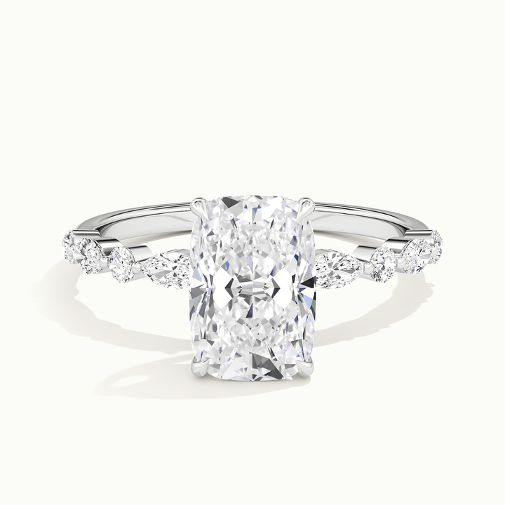 White gold elongated cushion-cut hidden halo with marquise and round side stones, front view