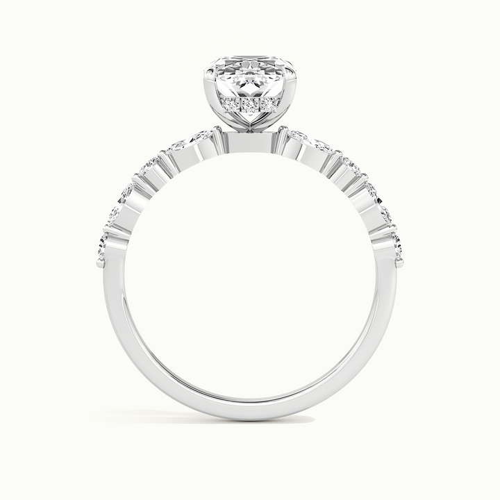 White gold elongated cushion-cut hidden halo with marquise and round side stones, side profile showing setting height