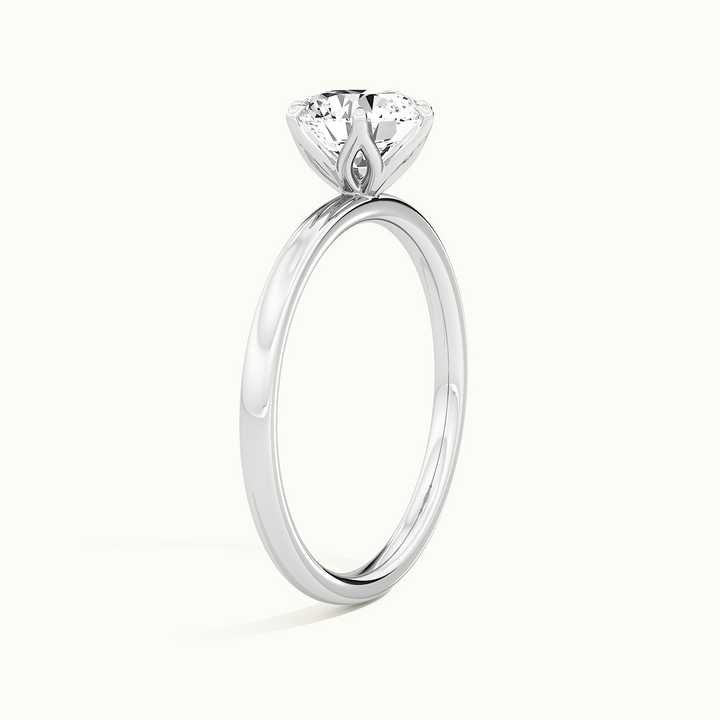 Rose gold oval-cut tulip setting engagement ring, raised three-quarter view of the setting