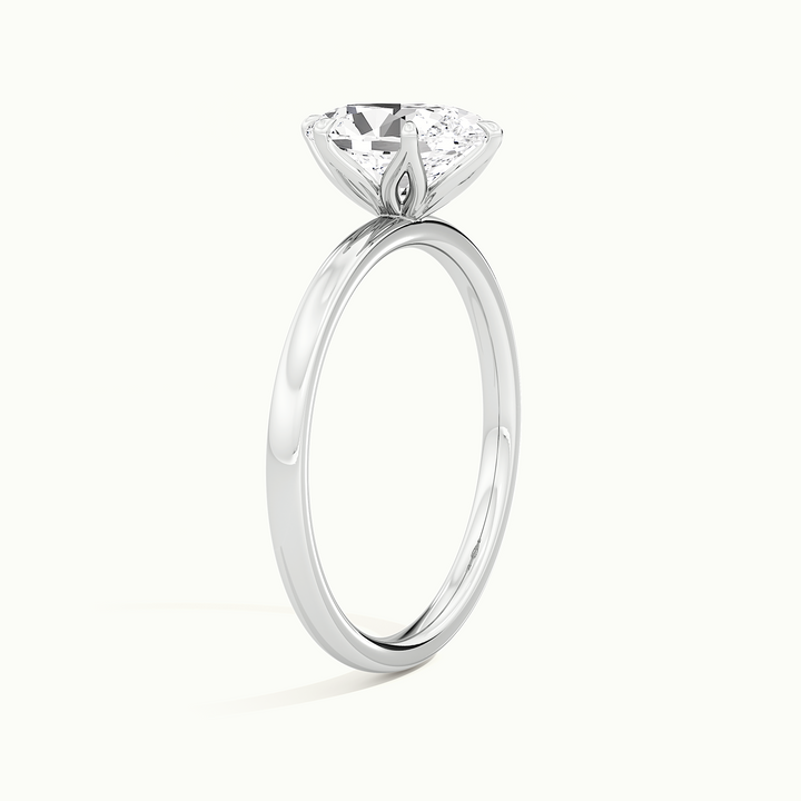 White gold oval-cut tulip setting engagement ring, raised three-quarter view of the setting