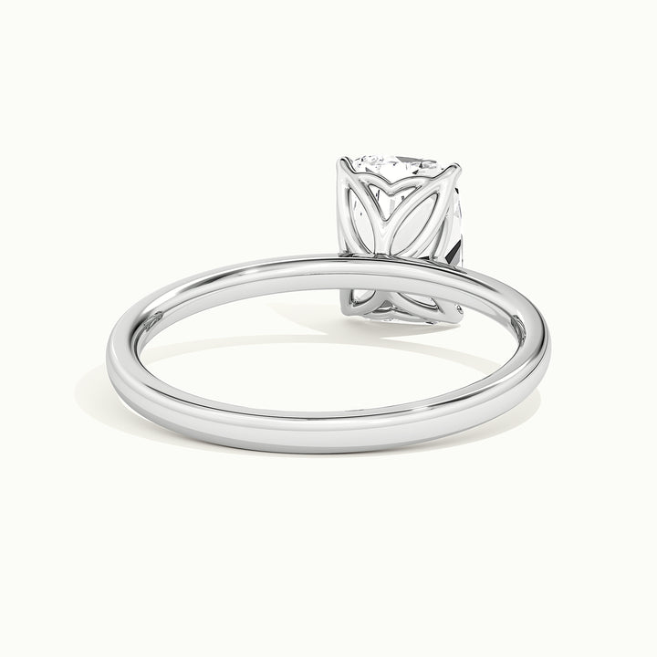 White gold elongated cushion-cut tulip setting engagement ring, rear view showing the setting gallery
