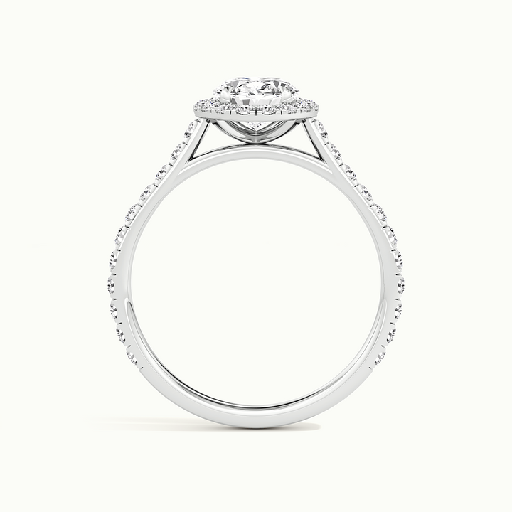 White gold oval-cut halo pave engagement ring, side profile showing setting height