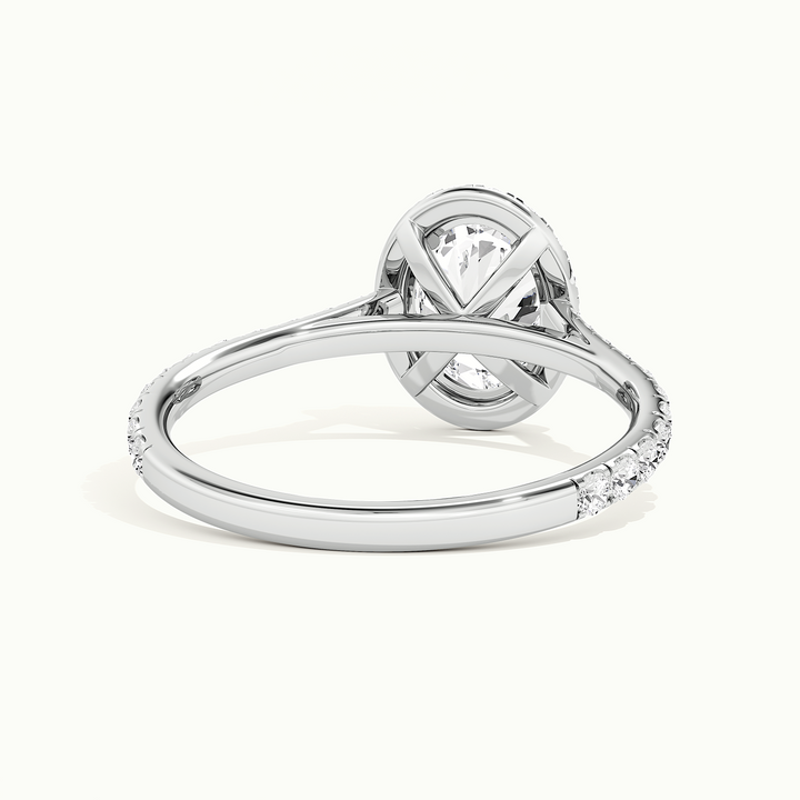 White gold oval-cut halo pave engagement ring, rear view showing the setting gallery