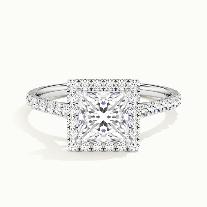 White gold princess-cut halo pave engagement ring, front view
