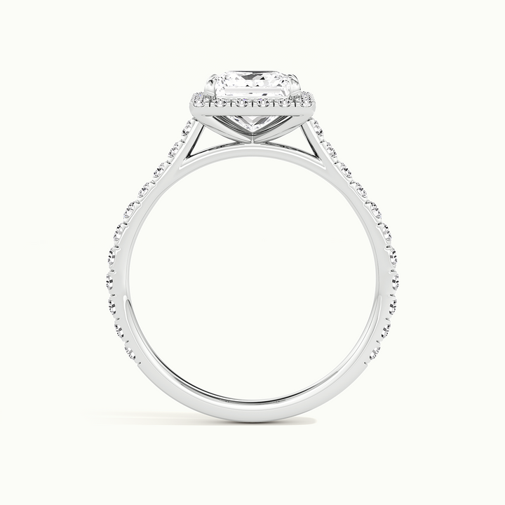 White gold princess-cut halo pave engagement ring, side profile showing setting height