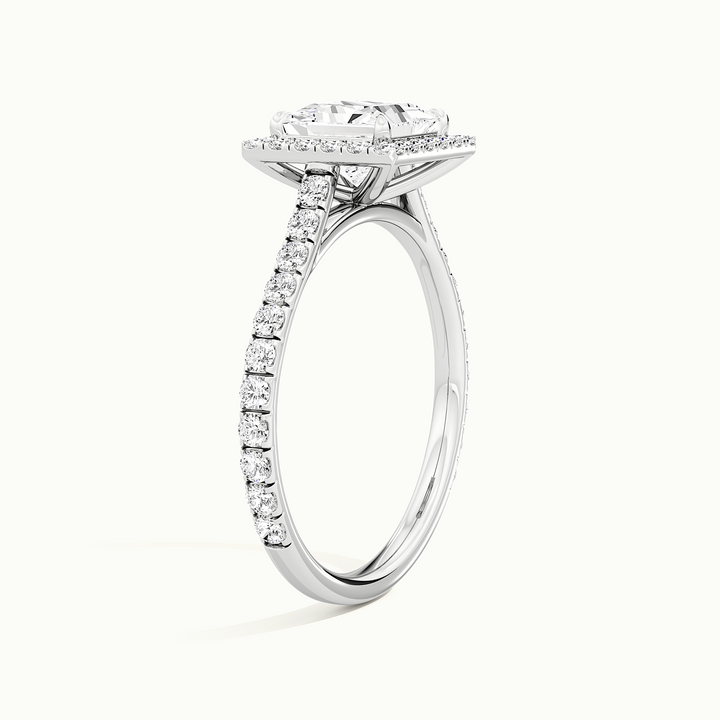 White gold princess-cut halo pave engagement ring, raised three-quarter view of the setting