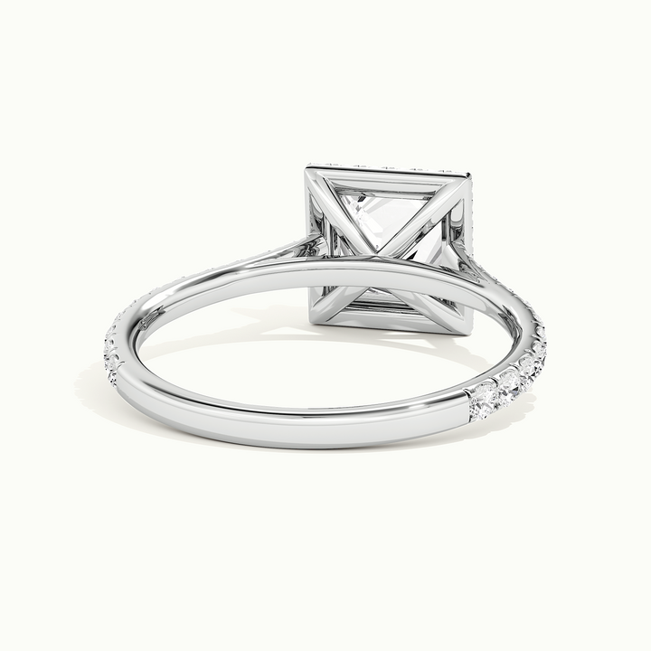 White gold princess-cut halo pave engagement ring, rear view showing the setting gallery