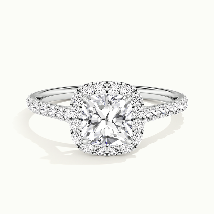 White gold cushion-cut halo pave engagement ring, front view