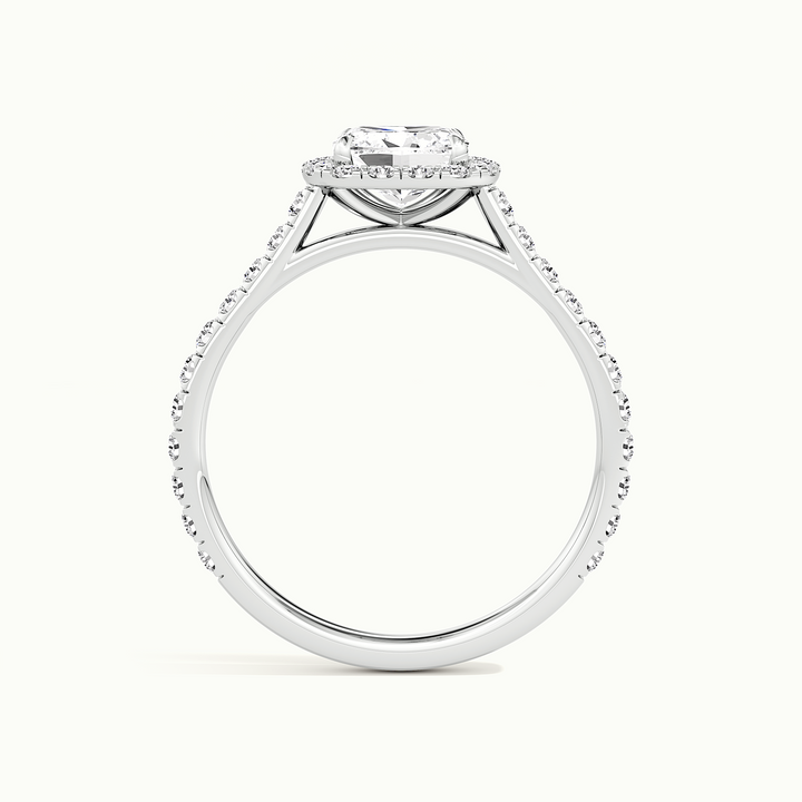 White gold cushion-cut halo pave engagement ring, side profile showing setting height