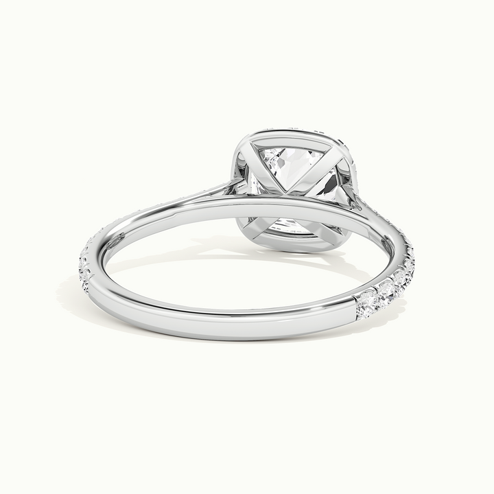 White gold cushion-cut halo pave engagement ring, rear view showing the setting gallery