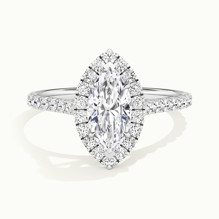 White gold marquise-cut halo pave engagement ring, front view