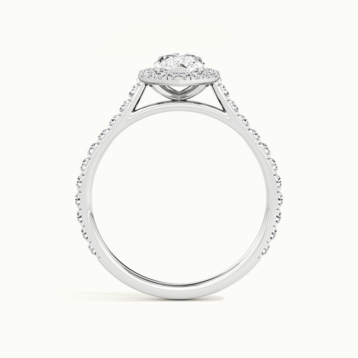 White gold marquise-cut halo pave engagement ring, side profile showing setting height
