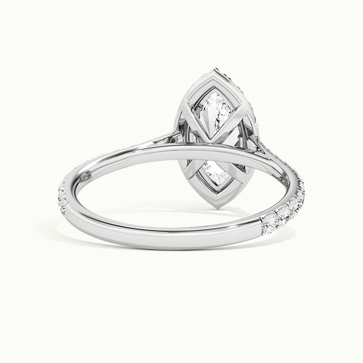 White gold marquise-cut halo pave engagement ring, rear view showing the setting gallery