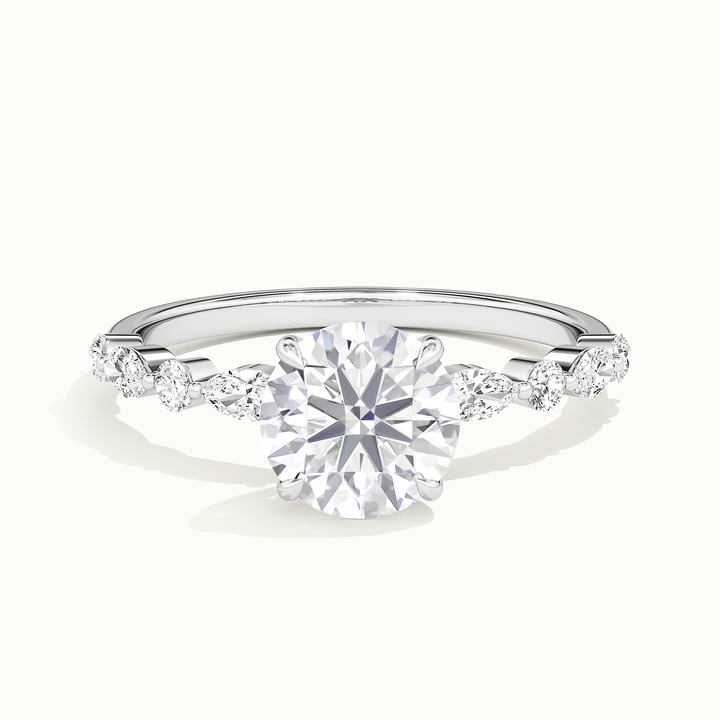 White gold round brilliant-cut hidden halo with marquise and round side stones, front view