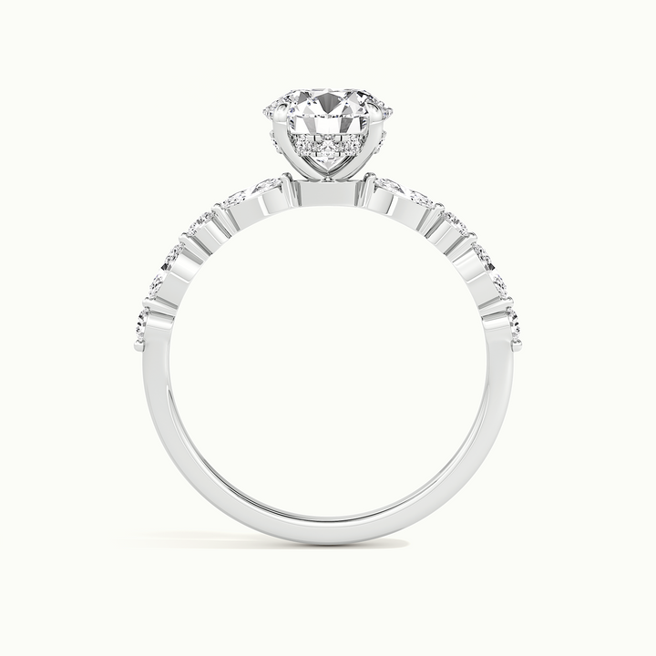 White gold round brilliant-cut hidden halo with marquise and round side stones, side profile showing setting height
