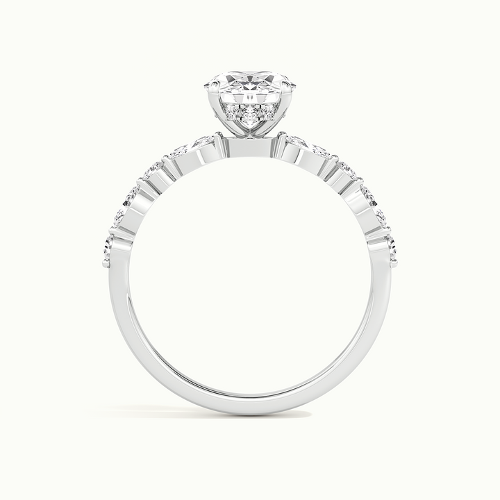 White gold oval-cut hidden halo with marquise and round side stones, side profile showing setting height
