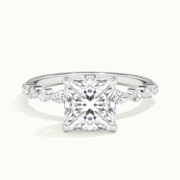 White gold princess-cut hidden halo with marquise and round side stones, front view