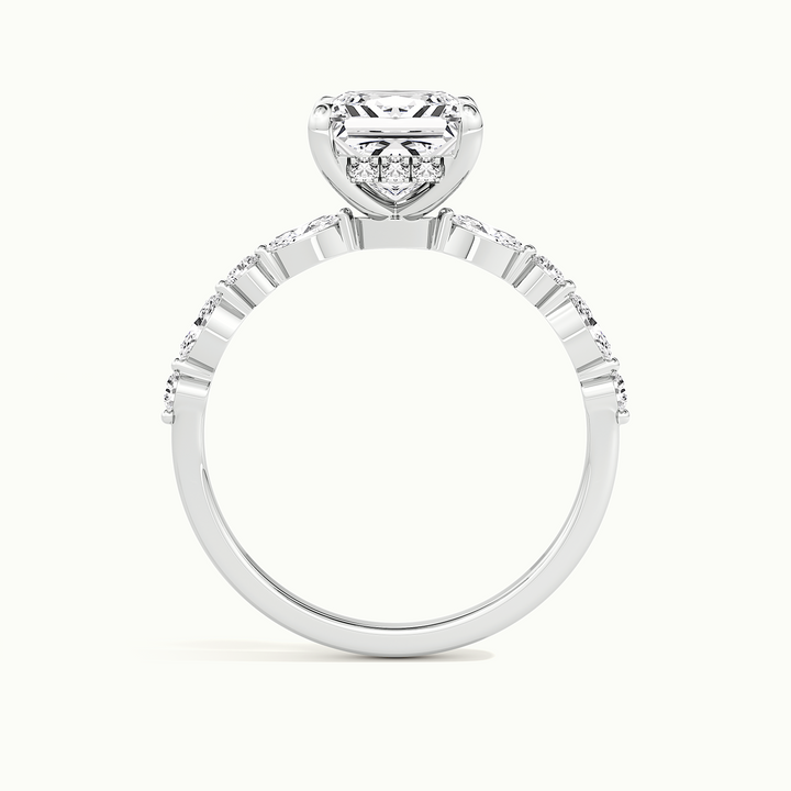 White gold princess-cut hidden halo with marquise and round side stones, side profile showing setting height