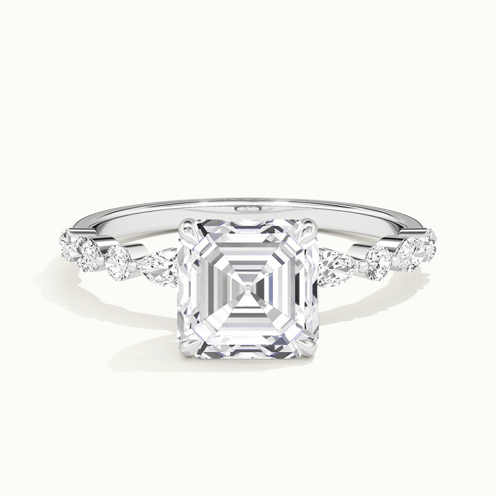 White gold Asscher-cut hidden halo with marquise and round side stones, front view