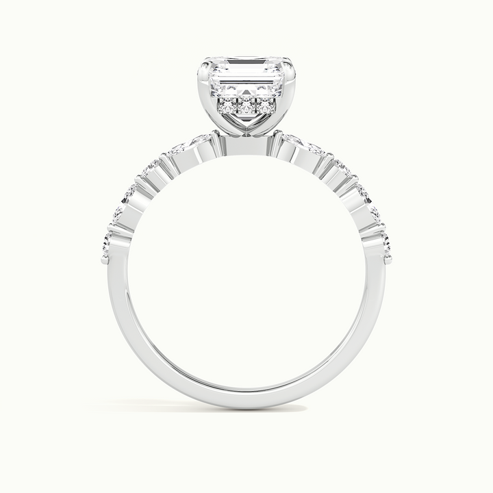 White gold Asscher-cut hidden halo with marquise and round side stones, side profile showing setting height