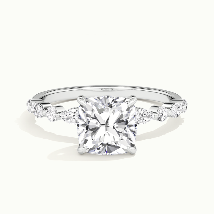 White gold cushion-cut hidden halo with marquise and round side stones, front view