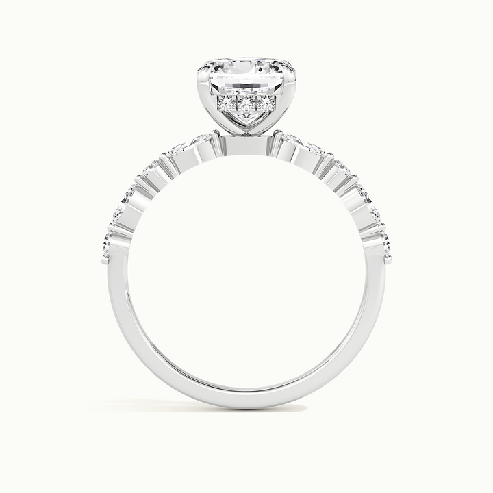 White gold cushion-cut hidden halo with marquise and round side stones, side profile showing setting height