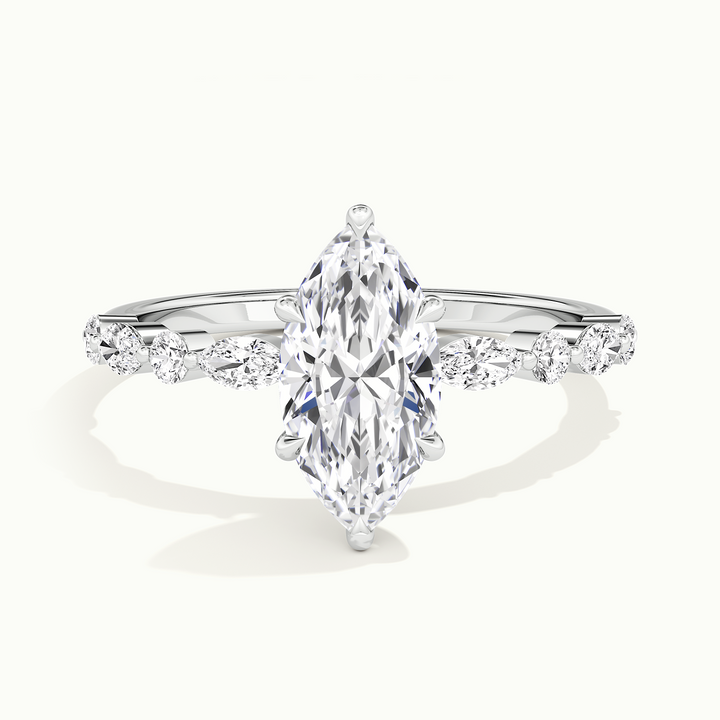 White gold marquise-cut hidden halo with marquise and round side stones, front view