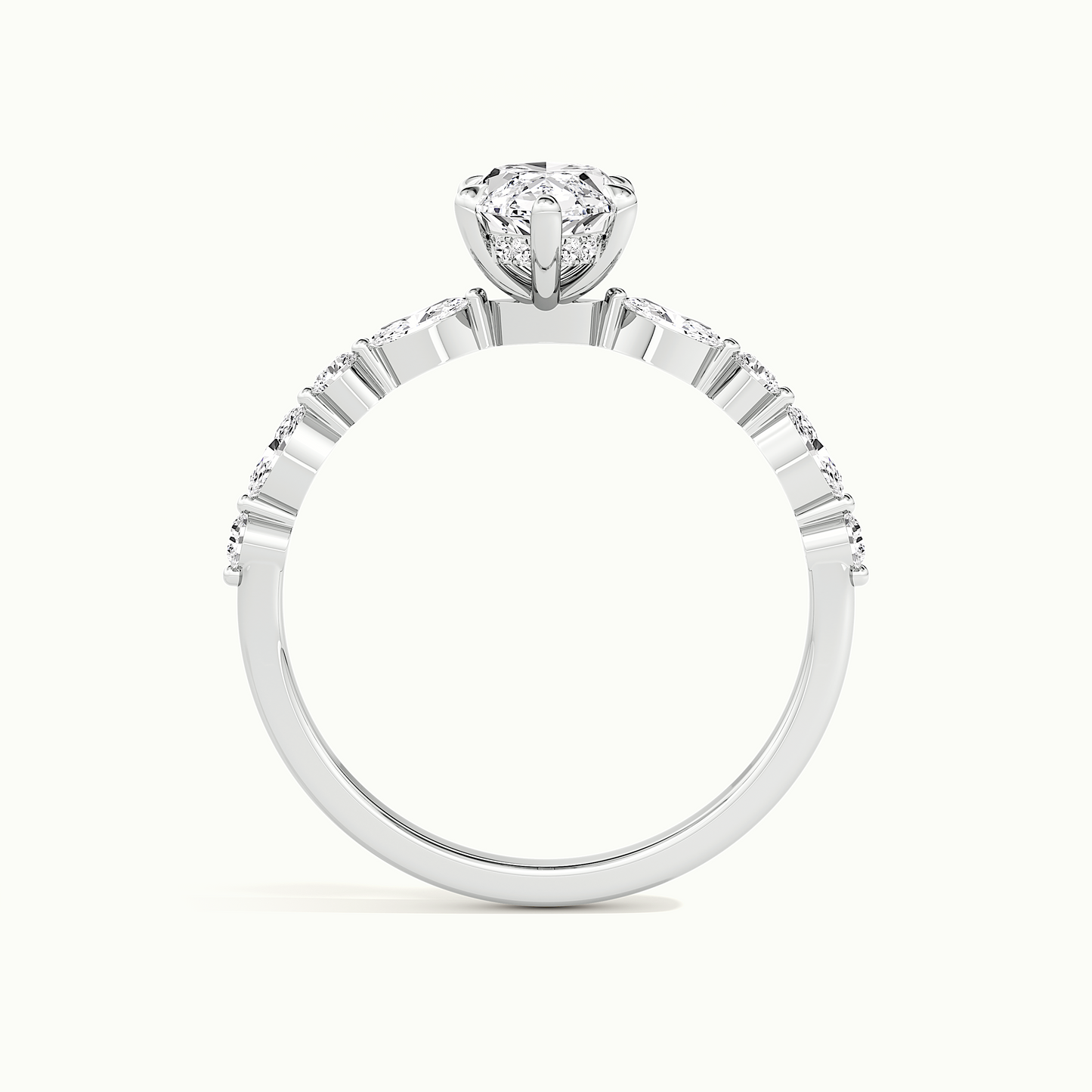 White gold marquise-cut hidden halo with marquise and round side stones, side profile showing setting height