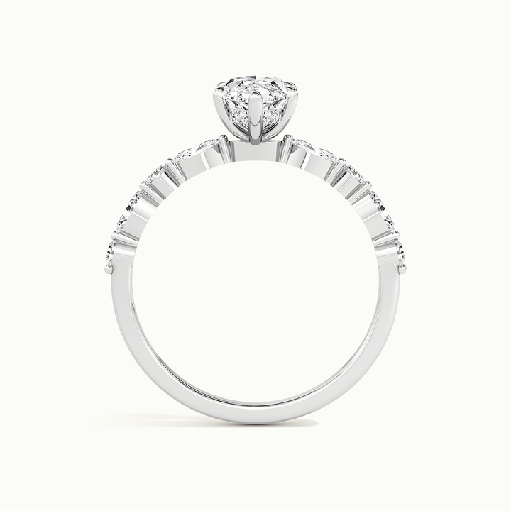 White gold marquise-cut hidden halo with marquise and round side stones, side profile showing setting height